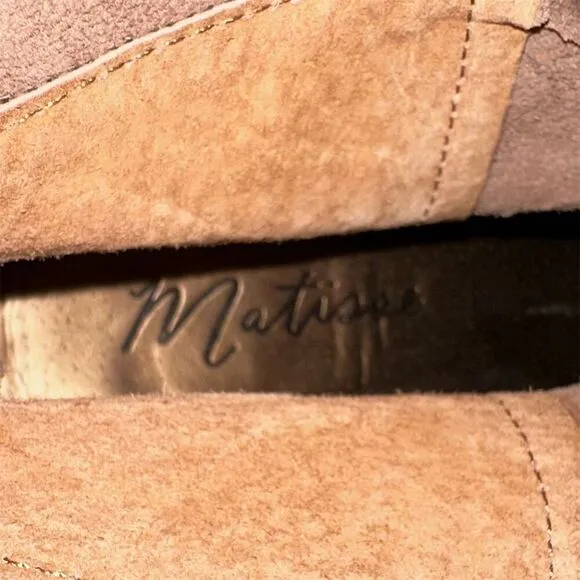 Matisse Shamus WC Tan Brown Soft Suede Ankle Booties 3” Block Heel Zip Entry