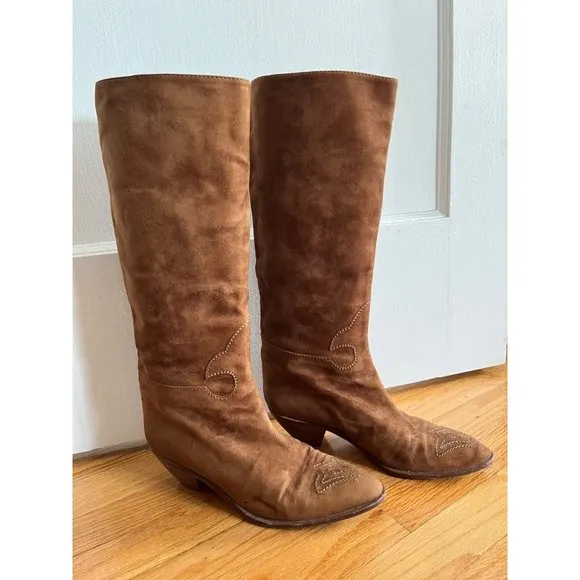 MAUD FRIZON CLUB Brown Leather Suede Knee High Boots Vintage 80s Made Italy 36.5
