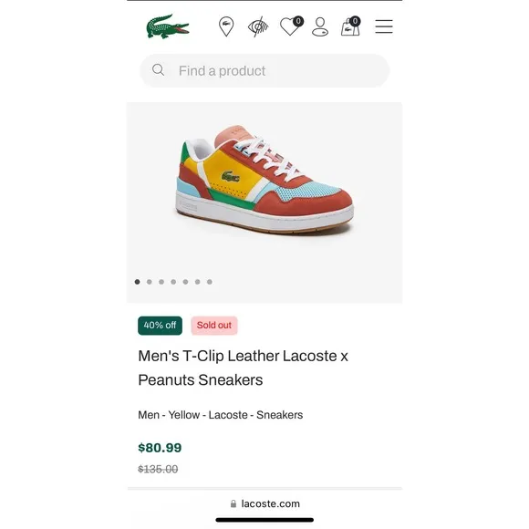 Men's 11.5 USA T-Clip Lacoste x Peanuts casual shoes sneakers limited edition
