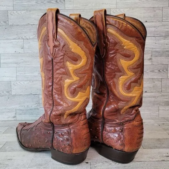 Men's Rudel Western Brown Ostrich Leg Leather Rodeo Cowboy Boots Size 8.5