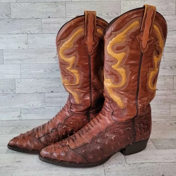 Men's Rudel Western Brown Ostrich Leg Leather Rodeo Cowboy Boots Size 8.5