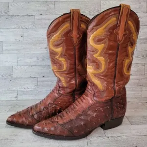 Men's Rudel Western Brown Ostrich Leg Leather Rodeo Cowboy Boots Size 8.5