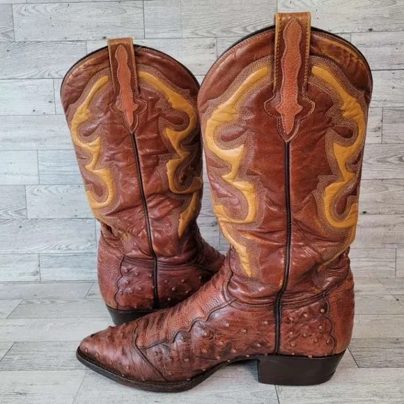Men's Rudel Western Brown Ostrich Leg Leather Rodeo Cowboy Boots Size 8.5