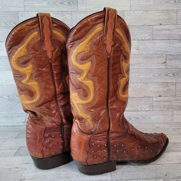 Men's Rudel Western Brown Ostrich Leg Leather Rodeo Cowboy Boots Size 8.5