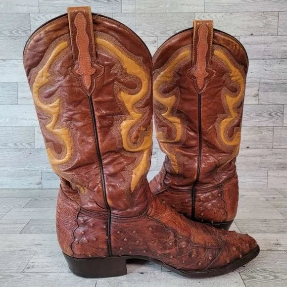 Men's Rudel Western Brown Ostrich Leg Leather Rodeo Cowboy Boots Size 8.5