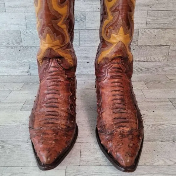 Men's Rudel Western Brown Ostrich Leg Leather Rodeo Cowboy Boots Size 8.5