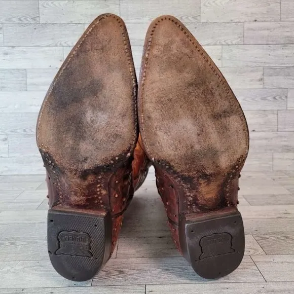 Men's Rudel Western Brown Ostrich Leg Leather Rodeo Cowboy Boots Size 8.5