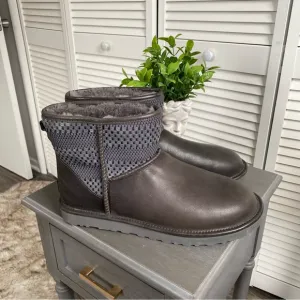 Mens Ugg Classic Mini Weave Gray Boots Leather &amp; Sheepskin