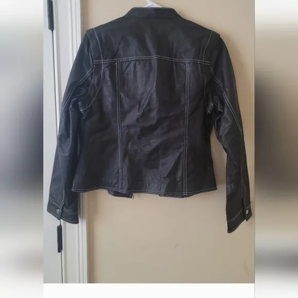 Metrostyle Black White Trim Genuine Leather Moto Coat Jacket