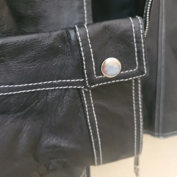 Metrostyle Black White Trim Genuine Leather Moto Coat Jacket