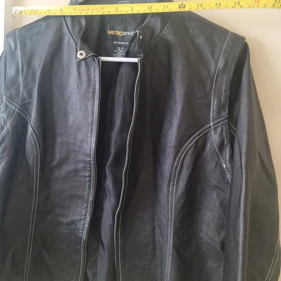 Metrostyle Black White Trim Genuine Leather Moto Coat Jacket