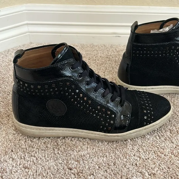 Mezlan &quot;Cabrillo&quot; Black Genuine Glass Suede / Patent Leather Hi-Top Sneaker