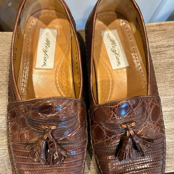 Mezlan Mens genuine Lizard Skin Leather Brown kiltie Loafer Driving Shoes 8.5