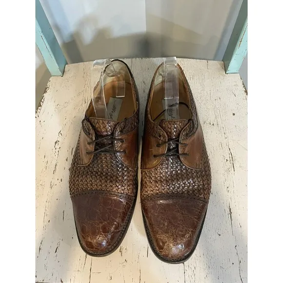 Mezlan Mens Size 10 M Salinas&quot; Genuine Crocodile Brown Leather Shoes Cap Toe