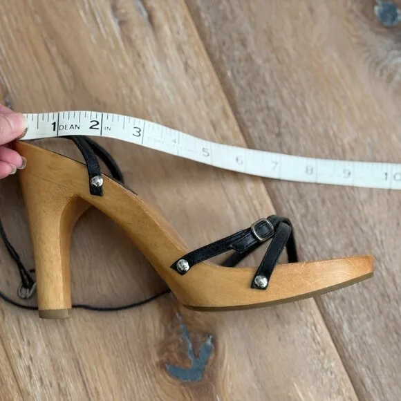 MIA Ankle Strap Platform High Heel Stiletto Black Leather &amp; Natural Wood Size 6