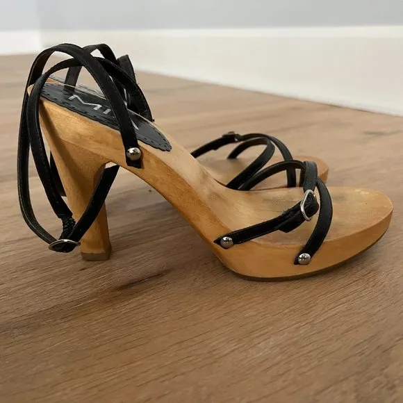 MIA Ankle Strap Platform High Heel Stiletto Black Leather &amp; Natural Wood Size 6