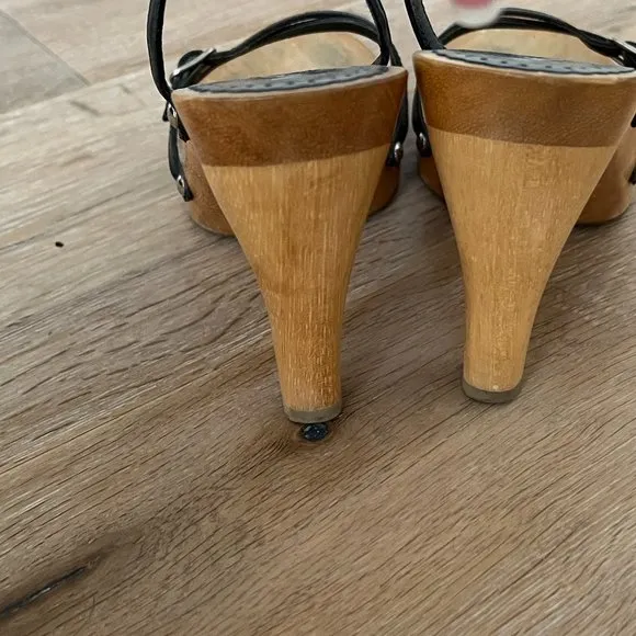 MIA Ankle Strap Platform High Heel Stiletto Black Leather &amp; Natural Wood Size 6
