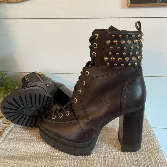 Michael Kors Yvonne Studded Brown Leather Boots Size 6 NWOT