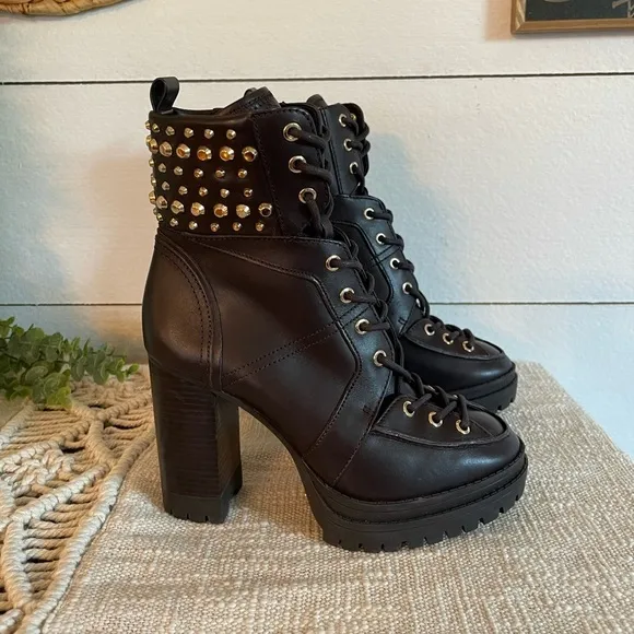 Michael Kors Yvonne Studded Brown Leather Boots Size 6 NWOT