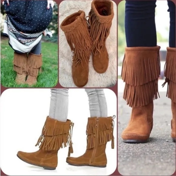 Minnetonka 2 Layer Angle Fringe Suede Boots