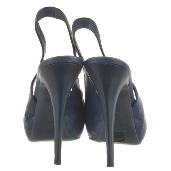 Miu Miu Navy Blue Leather Lasercut Accents Slingback Sandals  US 9, IT 39