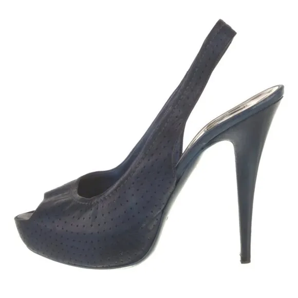 Miu Miu Navy Blue Leather Lasercut Accents Slingback Sandals  US 9, IT 39