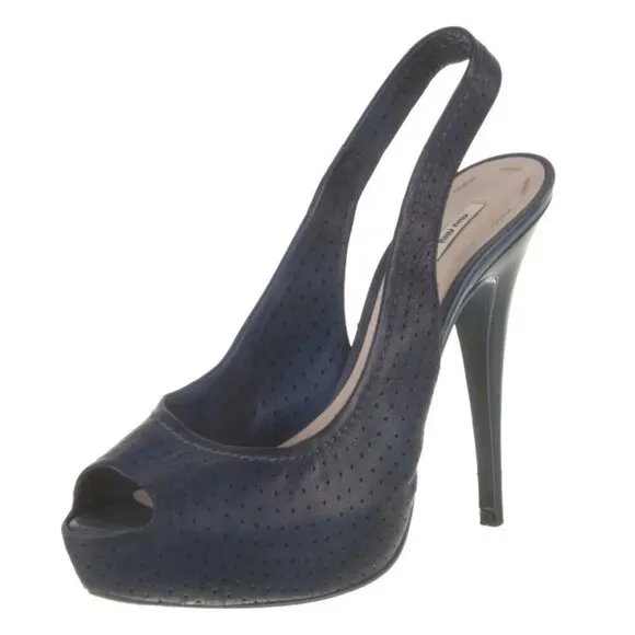 Miu Miu Navy Blue Leather Lasercut Accents Slingback Sandals  US 9, IT 39