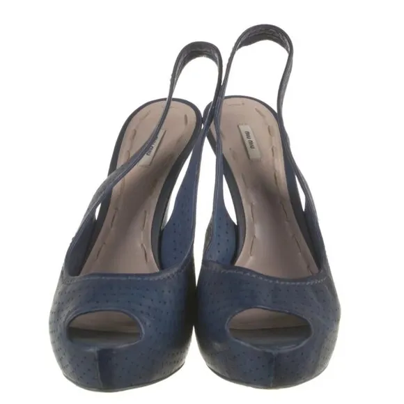 Miu Miu Navy Blue Leather Lasercut Accents Slingback Sandals  US 9, IT 39