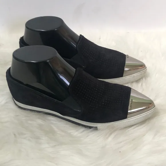 Miu Miu Women's Black Suede Metal Cap Toe Slip On Sneakers Size 35.5 w/ COA