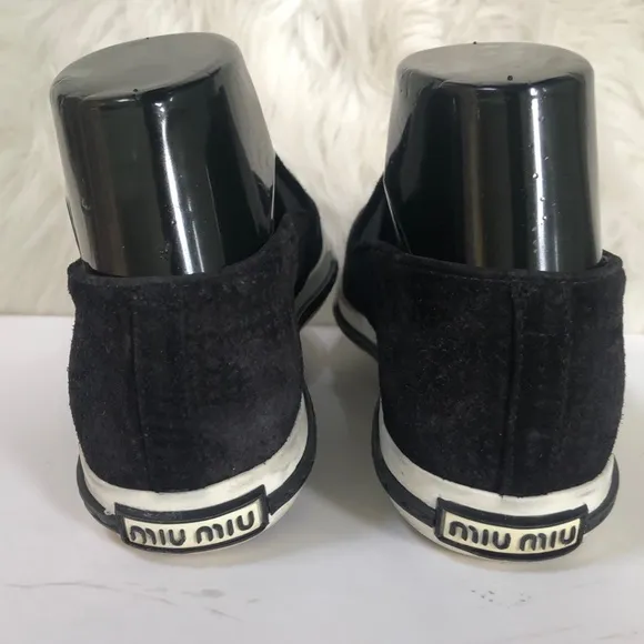 Miu Miu Women's Black Suede Metal Cap Toe Slip On Sneakers Size 35.5 w/ COA
