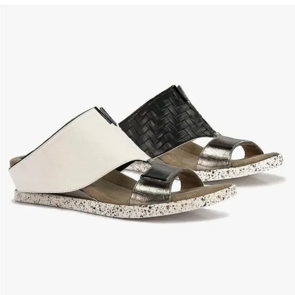 Modzori Kleo Black/White Vegan Leather Low Wedge Reversible Slide Sandal NWOB