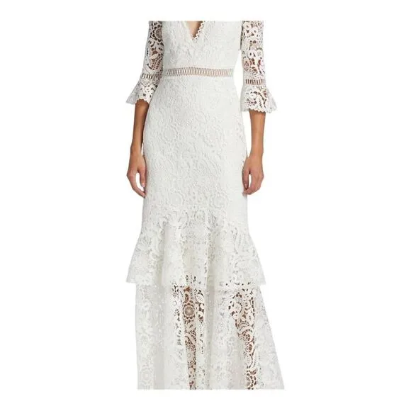 Monique Lhuillier Three-Quarter Sleeve White Lace Trumpet Gown Size 6