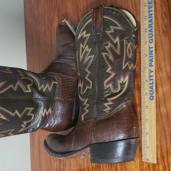 Montana Boot Company Men's Brown Leather Cowboy Western Boots Flame Stitch Sz 6