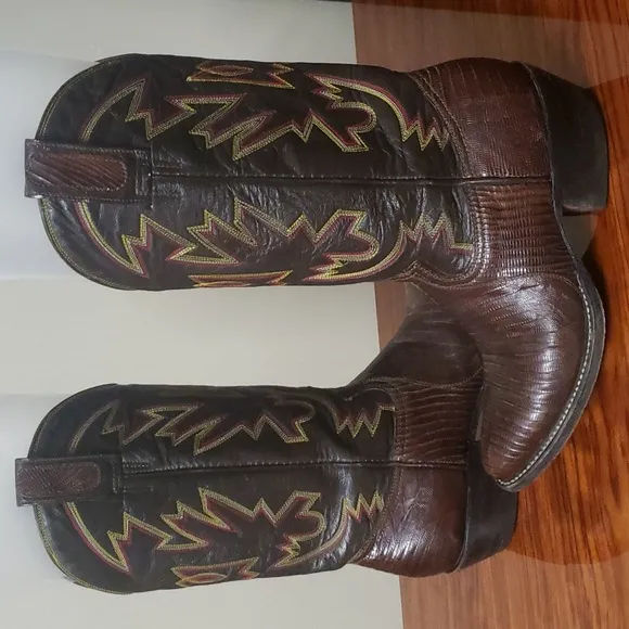 Montana Boot Company Men's Brown Leather Cowboy Western Boots Flame Stitch Sz 6