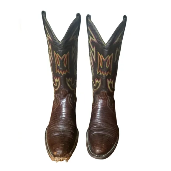 Montana Boot Company Men's Brown Leather Cowboy Western Boots Flame Stitch Sz 6