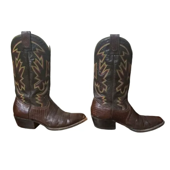Montana Boot Company Men's Brown Leather Cowboy Western Boots Flame Stitch Sz 6