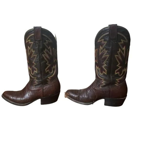 Montana Boot Company Men's Brown Leather Cowboy Western Boots Flame Stitch Sz 6