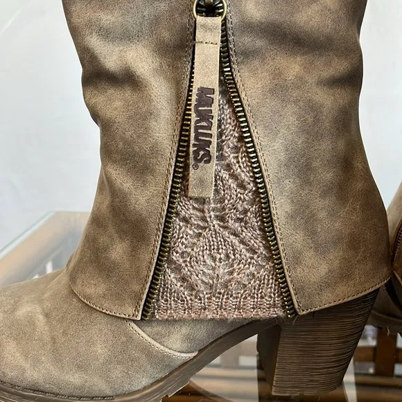 Mukluks Tan &amp; Dark Brown Faux leather Boots w/side zipper &amp; knit detail Size 8