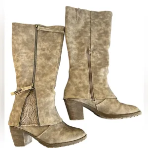 Mukluks Tan &amp; Dark Brown Faux leather Boots w/side zipper &amp; knit detail Size 8