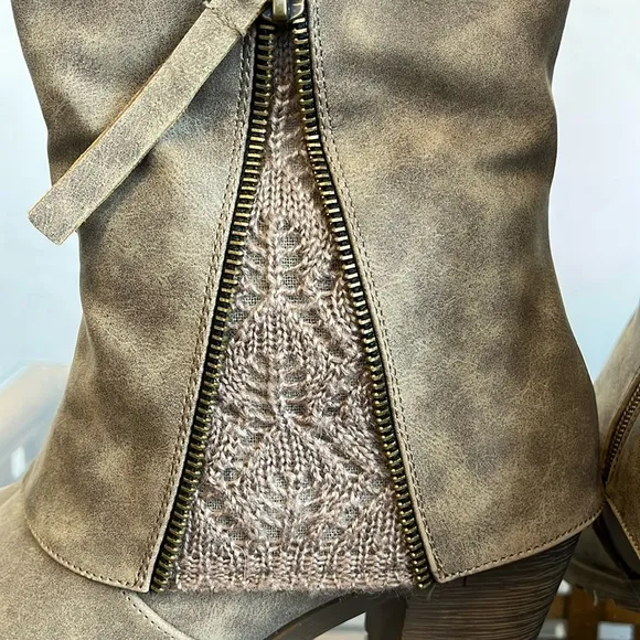Mukluks Tan &amp; Dark Brown Faux leather Boots w/side zipper &amp; knit detail Size 8