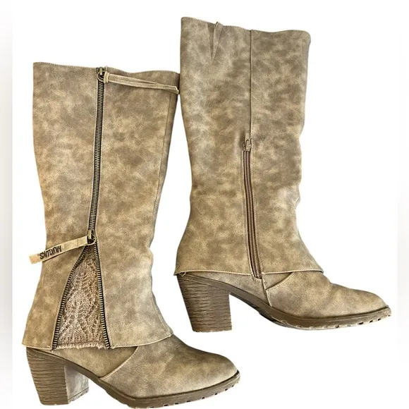 Mukluks Tan &amp; Dark Brown Faux leather Boots w/side zipper &amp; knit detail Size 8