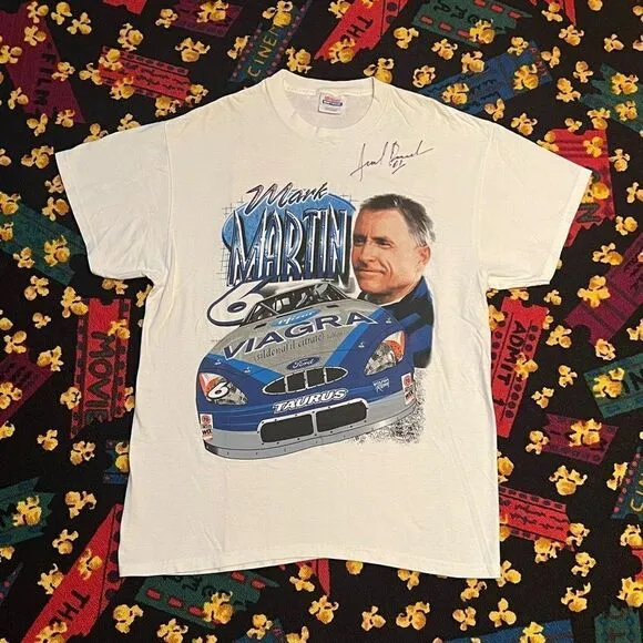 NASCAR Mark Martin #6 Unknown Autographed White Graphic Tee Shirt / Size L