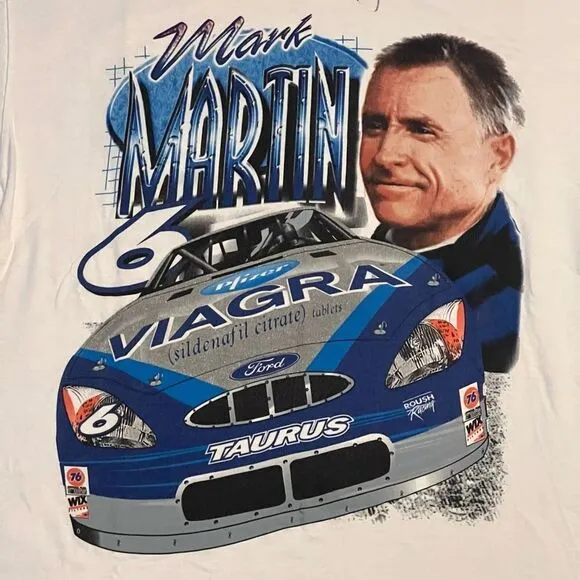 NASCAR Mark Martin #6 Unknown Autographed White Graphic Tee Shirt / Size L