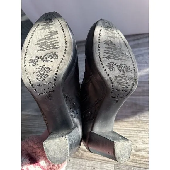 Nero Giardini Leather Ankle Boots Size 8.5/39EU Black Side Zipped 3” Heel