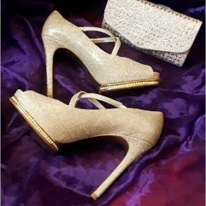 New Adrianna Papell Gold Platform Rhinestones Peep Toe Bridal Stiletto Shoes 9.5