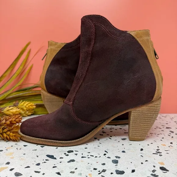 NEW Anthropologie J Shoes Ranch 2 Burgundy Suede Women’s Heeled Booties Sz 8.5