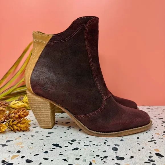 NEW Anthropologie J Shoes Ranch 2 Burgundy Suede Women’s Heeled Booties Sz 8.5