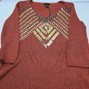 NEW BCBGMaxazria Open Knit Tunic Sweater Size XL Copper Embellished Rust