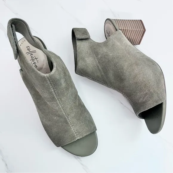 NEW Clarks Deva Bell Suede Booties Block Heel Olive Green Leather Size 9
