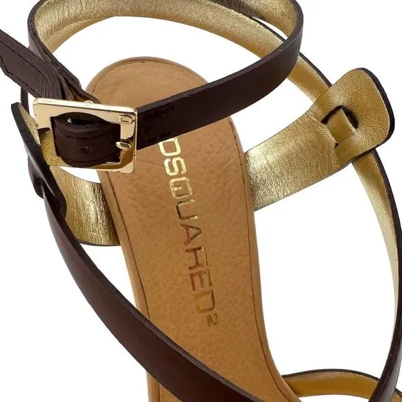 New DSQUARED2 Women US 8 Brown Shoes Leather Heels Ankle Strap Pump Sandals